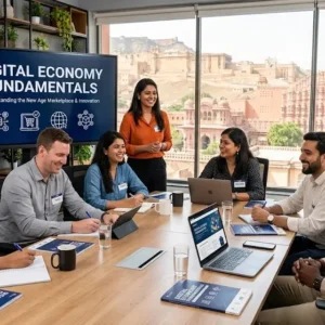Modern educational image for Digital Economy Fundamentals course with digital transformation and online business visuals