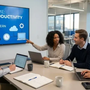 Modern educational image for Digital Productivity Systems course with workflow automation and collaboration visuals