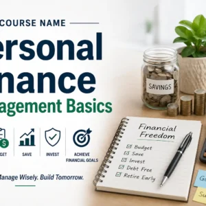 High-quality educational course image for Personal Finance Management Basics with budgeting and savings visuals.