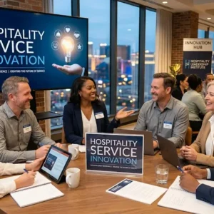 Modern educational image for Hospitality Service Innovation course with creative service design and guest experience visuals