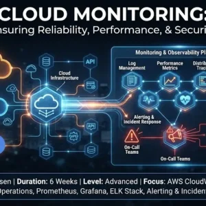 Modern educational image for Cloud Monitoring course with dashboards and cloud infrastructure visuals