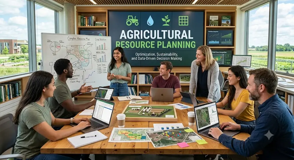 Modern educational image for Agricultural Resource Planning course with farm resource management and sustainability visuals