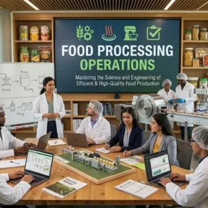Modern educational image for Food Processing Operations course with industrial food production and safety visuals