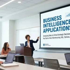 Modern educational image for Business Intelligence Applications course with dashboards and analytics visuals