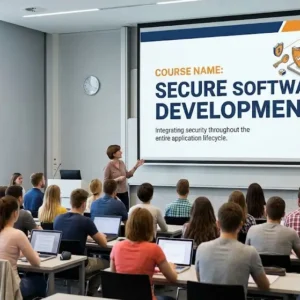 Modern educational image for Secure Software Development course with cybersecurity and defensive programming visuals