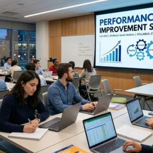 Modern educational image for Performance Improvement Systems course with efficiency and optimization visuals