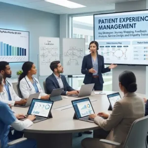 Modern educational image for Patient Experience Management course with patient care and healthcare service visuals
