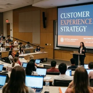 Modern educational image for Customer Experience Strategy course with customer-centric and loyalty-building visuals