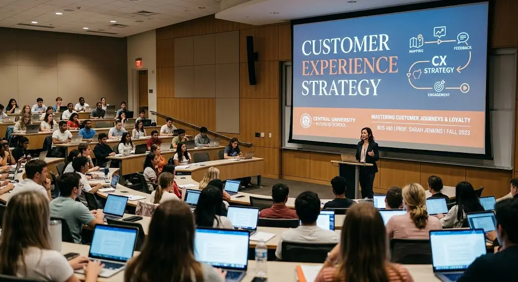 Modern educational image for Customer Experience Strategy course with customer-centric and loyalty-building visuals