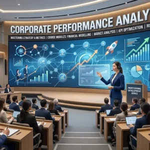 Modern educational image for Corporate Performance Analytics course with data and performance analytics visuals
