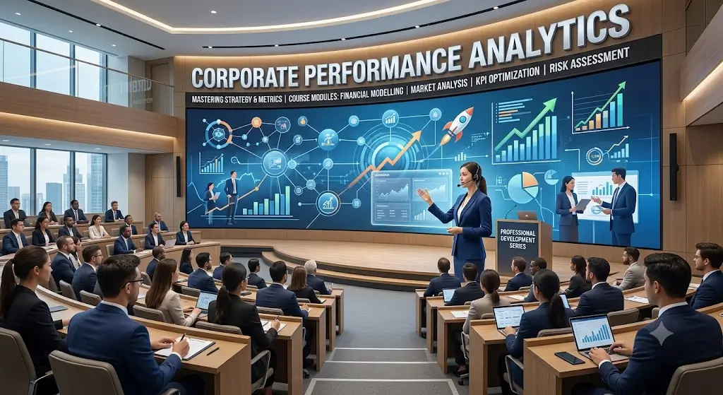 Modern educational image for Corporate Performance Analytics course with data and performance analytics visuals