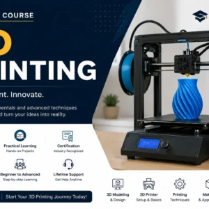 3D printer creating a blue 3D model showcasing an online 3D Printing course.