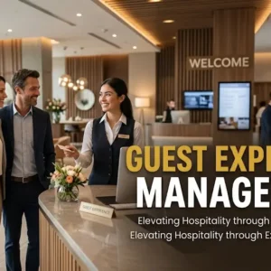 Modern educational image for Guest Experience Management course with hospitality and customer satisfaction visuals