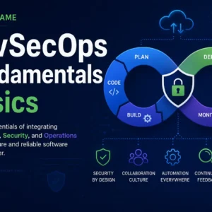 DevSecOps Fundamentals Basics course visual with security, automation, and CI/CD pipeline elements