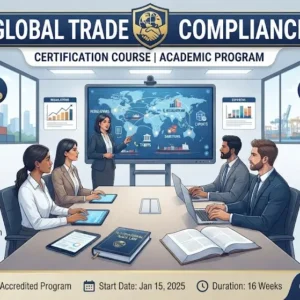 Modern educational image for Global Trade Compliance course with international trade and compliance visuals