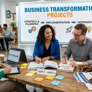 Modern educational image for Business Transformation Projects course with organizational change and project execution visuals
