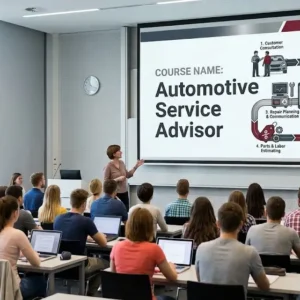 Modern educational image for Automotive Service Advisor course with customer service and vehicle maintenance visuals