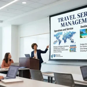 Modern educational image for Travel Service Management course with tourism and customer service visuals