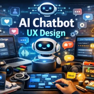 Professional AI Chatbot UX Design course image with chatbot interface and user experience visuals