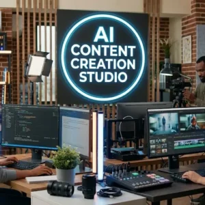 Educational banner for AI Content Creation Studio course showing AI tools and creative content visuals