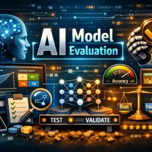 Educational banner for AI Model Evaluation course with charts and neural network visuals
