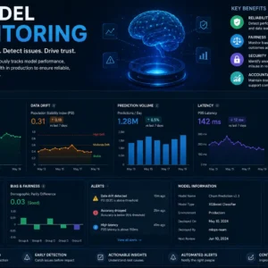 Professional AI Model Monitoring course image with dashboards and performance tracking visuals