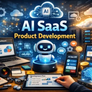 Professional AI SaaS Product Development course image with cloud servers and AI technology visuals