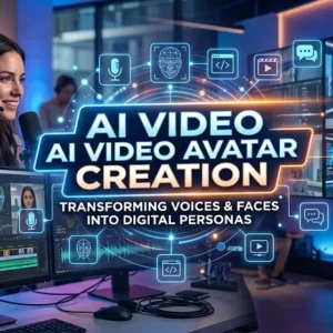 Educational banner for AI Video Avatar Creation course showing digital avatars and AI visuals