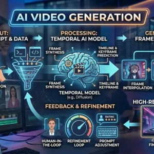 Educational banner for AI Video Generation course showing AI visuals and video editing tools