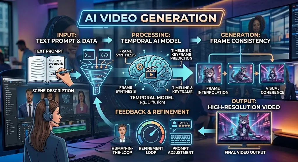 Educational banner for AI Video Generation course showing AI visuals and video editing tools