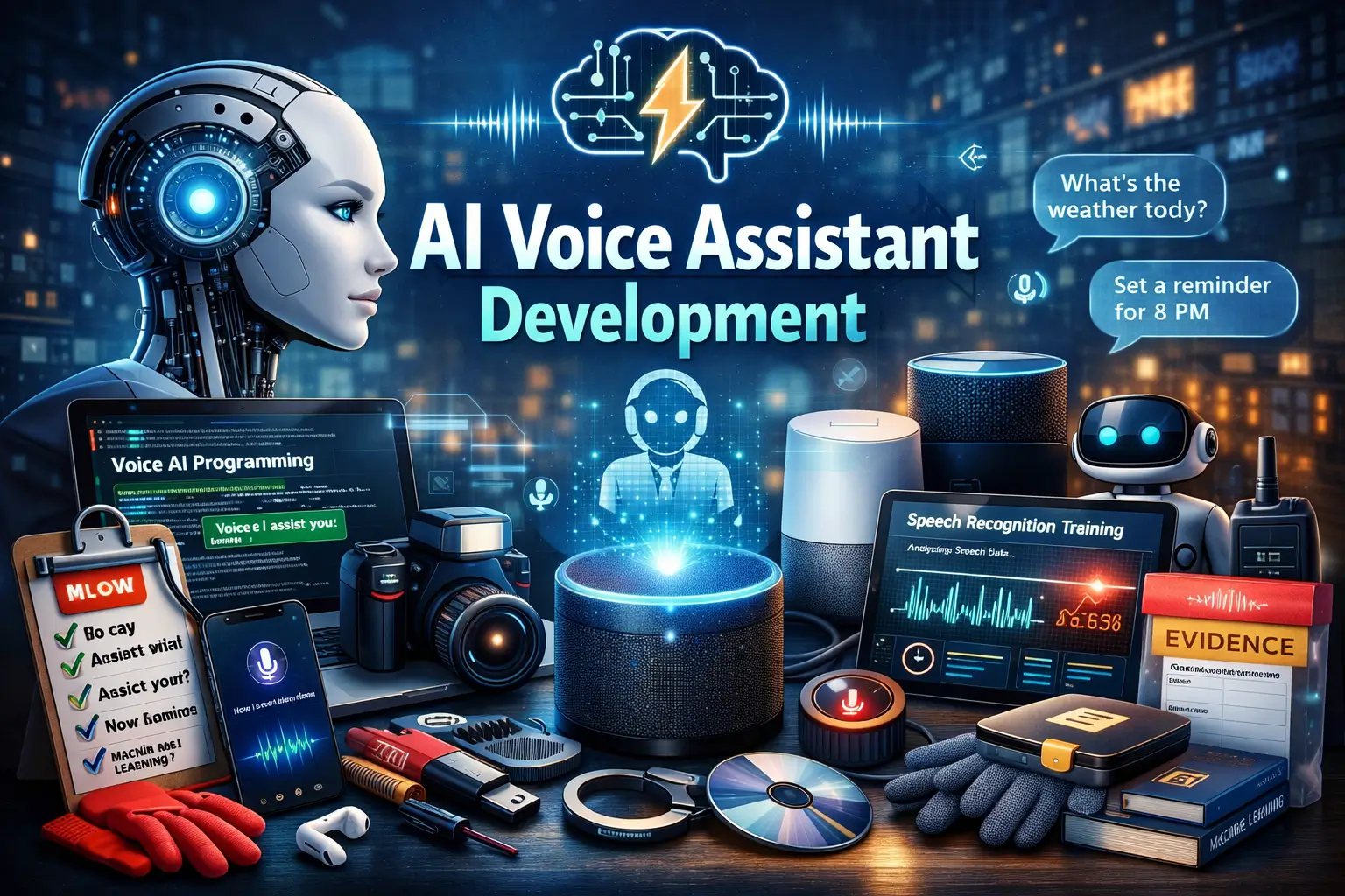Professional AI Voice Assistant Development course image with smart devices and voice technology visuals