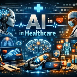 Educational banner for AI in Healthcare course with futuristic medical and AI visuals