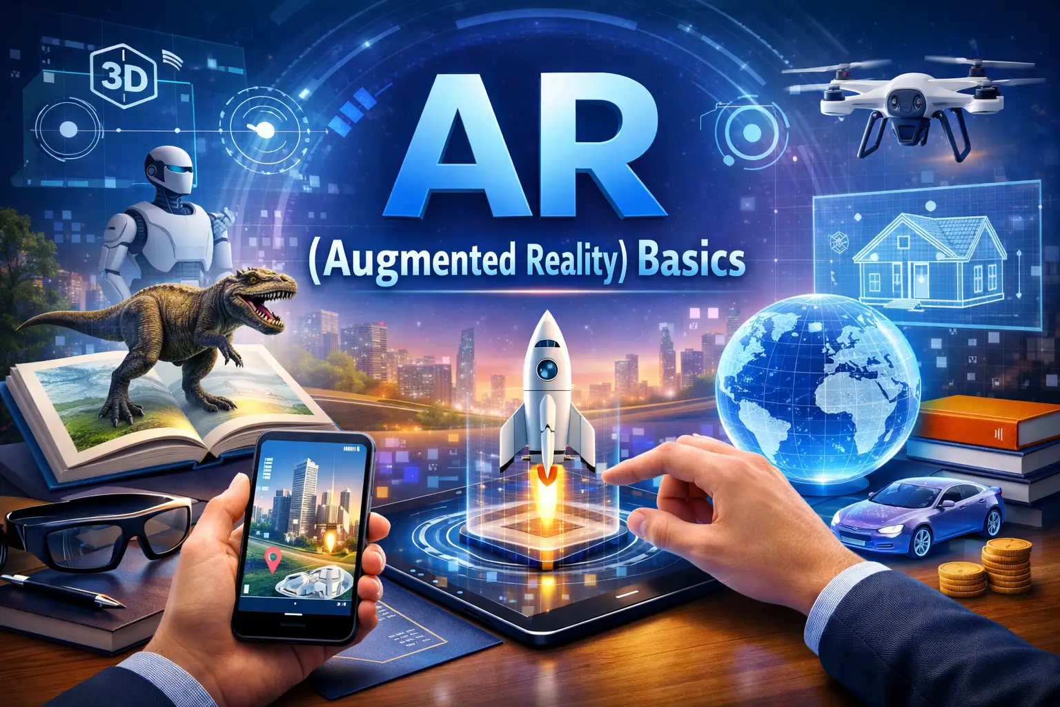 Professional AR (Augmented Reality) Basics course image with holographic visuals and 3D models