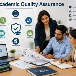 Educational banner showing academic quality assurance with teachers, evaluators, and performance dashboards