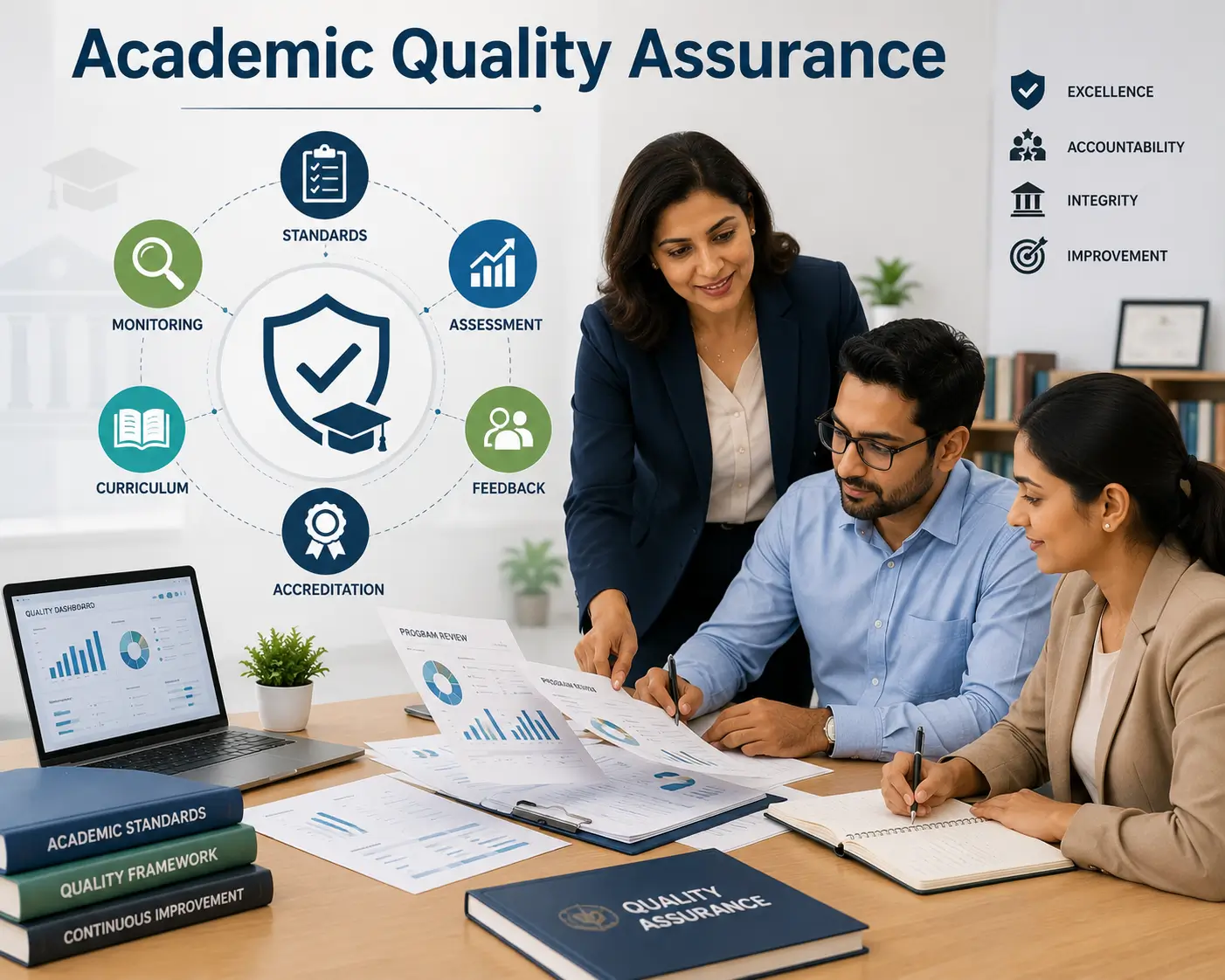 Educational banner showing academic quality assurance with teachers, evaluators, and performance dashboards
