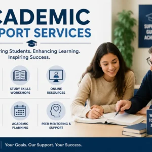 Educational banner showing academic support services with tutoring, counseling, and student resource visuals