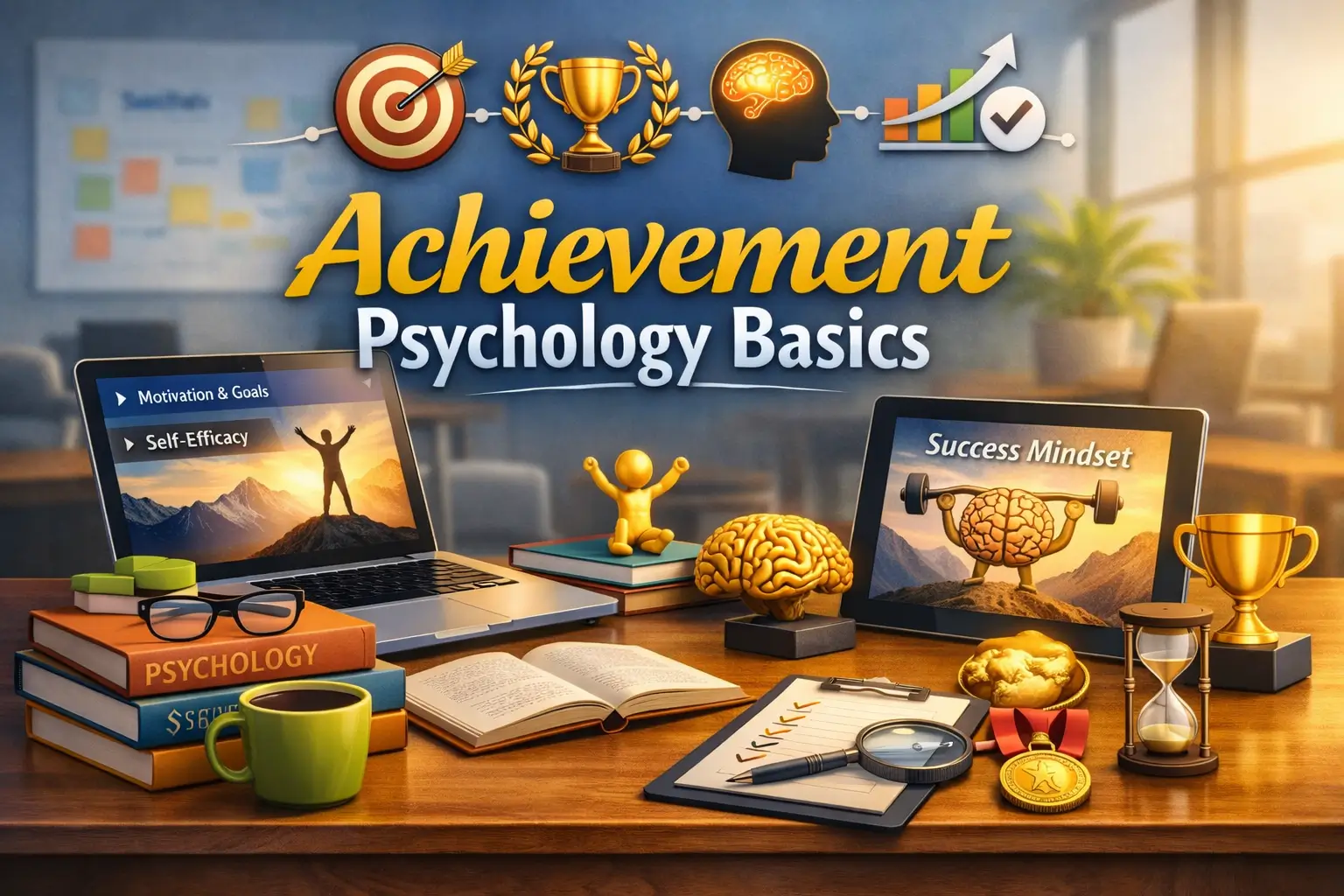 Professional achievement psychology basics course design with motivational visuals
