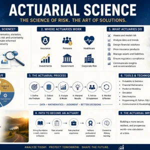 Educational banner showing Actuarial Science Introduction with charts, probability symbols, and financial visuals