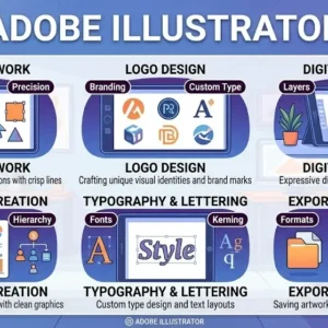 Educational banner for Adobe Illustrator course showing vector design tools and creative artwork