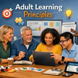 Adult Learning Principles course showing professionals collaborating in a modern classroom