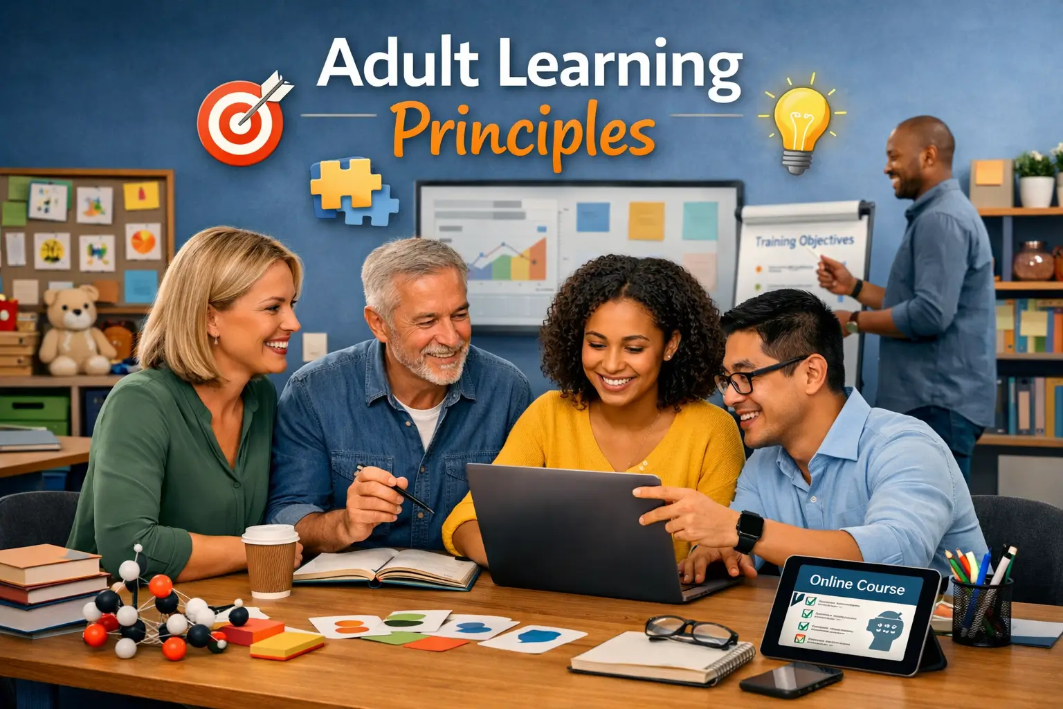 Adult Learning Principles course showing professionals collaborating in a modern classroom