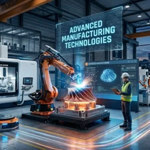 Educational course image for Advanced Manufacturing Technologies with robotics and smart factory visuals