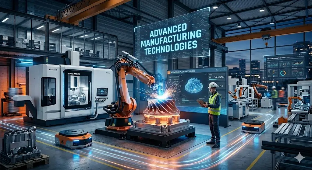 Educational course image for Advanced Manufacturing Technologies with robotics and smart factory visuals