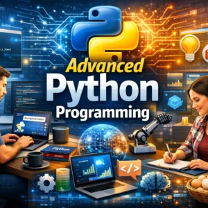 Advanced Python Programming course showing developers coding and AI data visualization