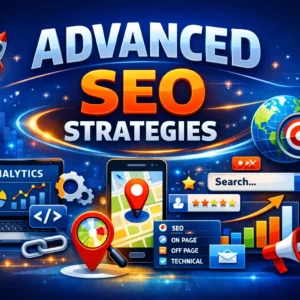 High-quality Advanced SEO Strategies banner with analytics, global search, and technical optimization visuals