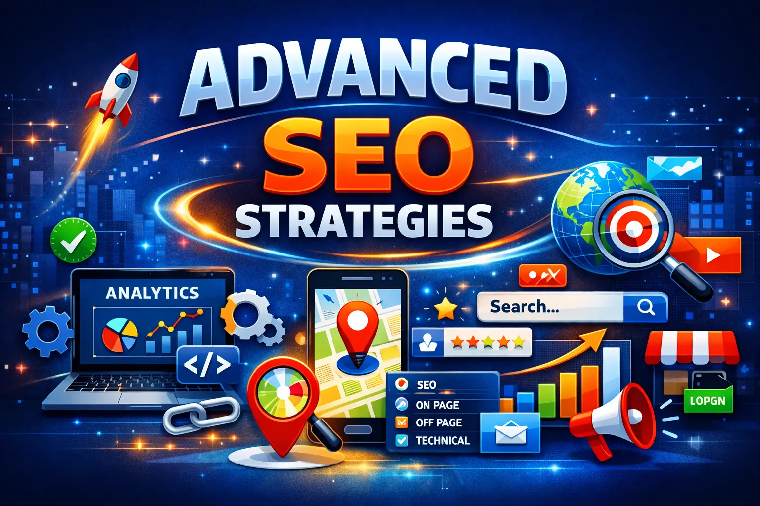 High-quality Advanced SEO Strategies banner with analytics, global search, and technical optimization visuals