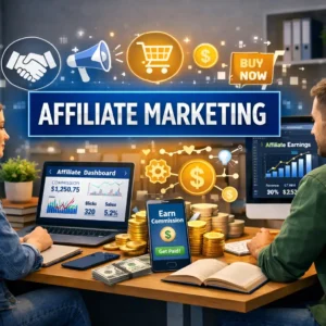 High-quality educational banner showing Affiliate Marketing course with digital tools and workspace visuals