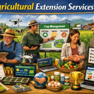 Educational banner showing Agricultural Extension Services with farmers, trainers, and agricultural technology visuals