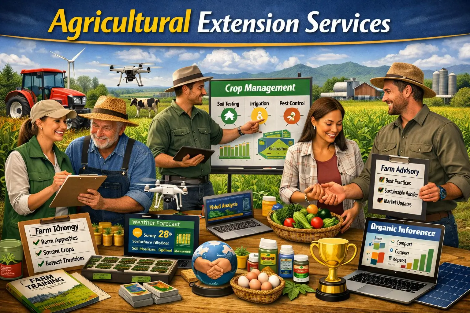 Educational banner showing Agricultural Extension Services with farmers, trainers, and agricultural technology visuals
