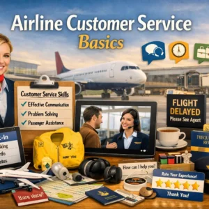 Educational course image for Airline Customer Service Basics with aviation and customer service visuals